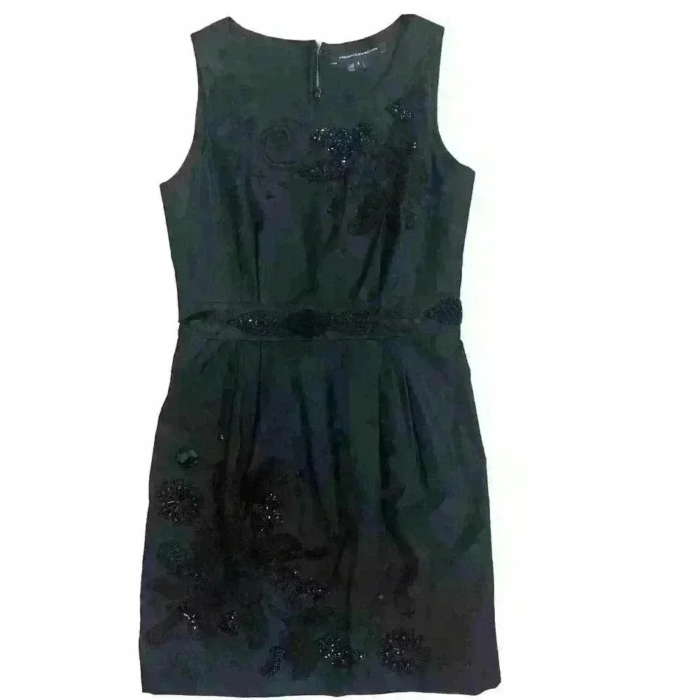 FRENCH CONNECTION Cotton Embroidered‎ Beaded Sleeveless Dress Size 6 Black